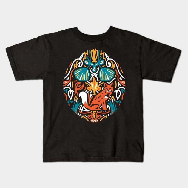 Maximalist Fox Jungle Aesthetic Pattern Kids T-Shirt by panco